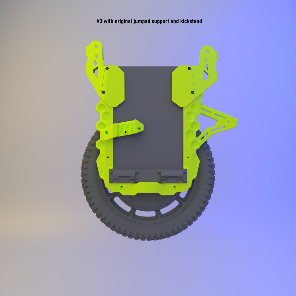 3D render of the V1 version fitted to the wheel, with jumpad mount and kickstand