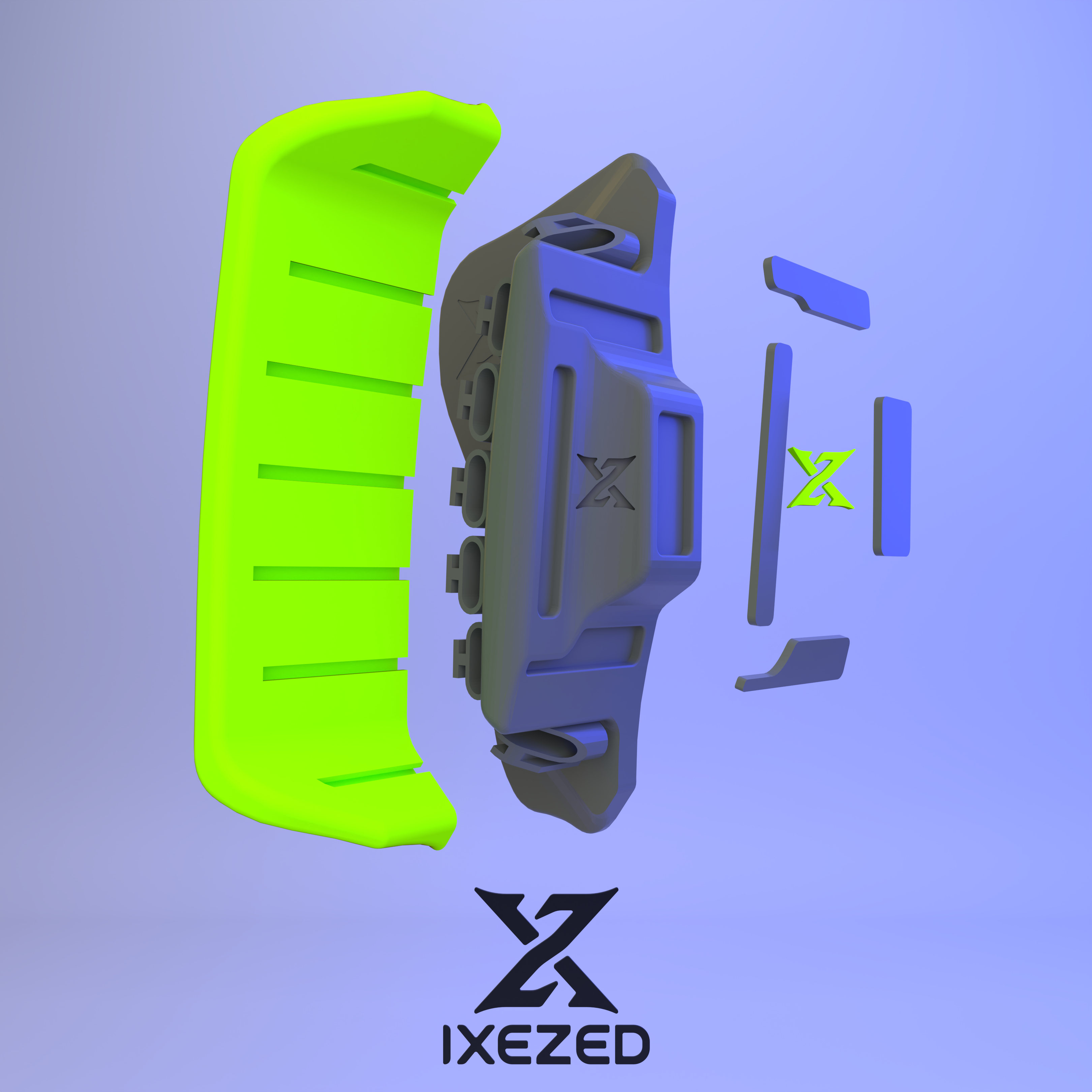 Z-Zero power pads and shell seen from the front, parts separated