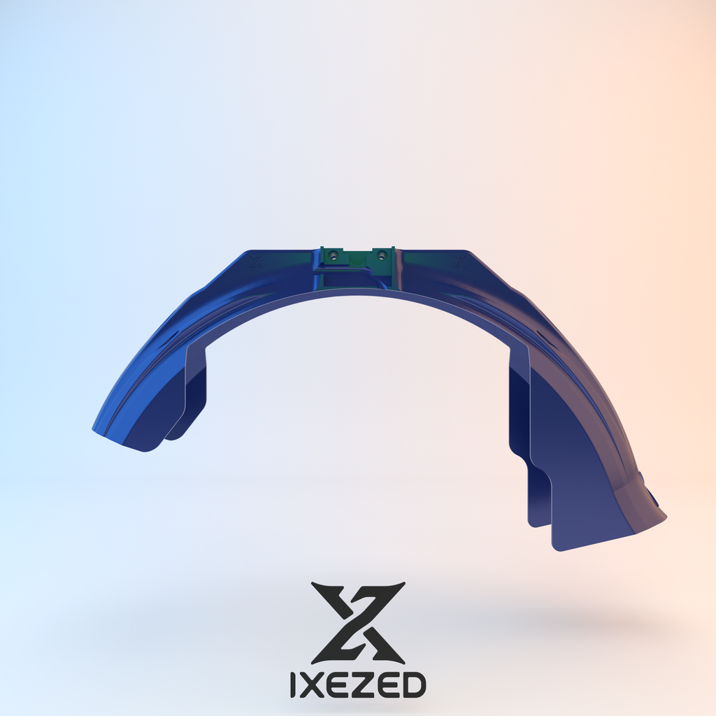 Garde-boue Lynx IXEZED en rendu 3D bleu : l'arche complète et sa platine de fixation.